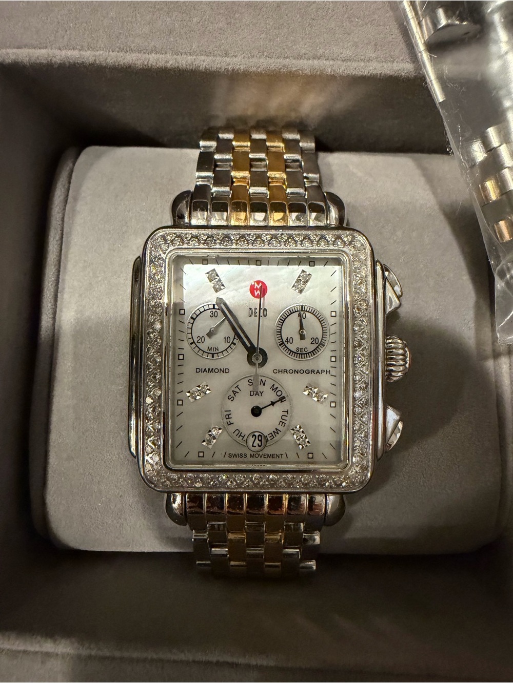 Michele Two-Tone Silver and Gold Diamond-Accented Women’s Chronograph Watch